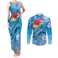 Hawaii Sea Turtle and Tropical Flowers Couples Matching Tank Maxi Dress and Long Sleeve Button Shirt Polynesian Tattoo Undersea Vibe