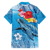 Hawaii Sea Turtle and Tropical Flowers Family Matching Off Shoulder Short Dress and Hawaiian Shirt Polynesian Tattoo Undersea Vibe