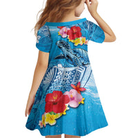 Hawaii Sea Turtle and Tropical Flowers Kid Short Sleeve Dress Polynesian Tattoo Undersea Vibe