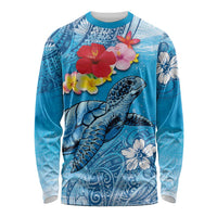 Hawaii Sea Turtle and Tropical Flowers Long Sleeve Shirt Polynesian Tattoo Undersea Vibe LT03 Unisex Blue - Polynesian Pride