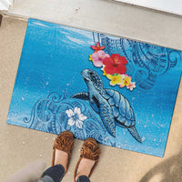 Hawaii Sea Turtle and Tropical Flowers Rubber Doormat Polynesian Tattoo Undersea Vibe