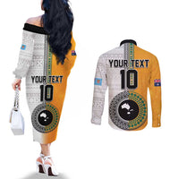 Custom Fiji and Australia Rugby Couples Matching Off The Shoulder Long Sleeve Dress and Long Sleeve Button Shirt Aboriginal and Fijian Masi Pattern