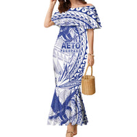 Samoa Pago Pago Aeto Family Matching Mermaid Dress and Hawaiian Shirt Wingstyle Blue-White Color - Polynesian Pride