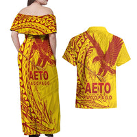 Samoa Pago Pago Aeto Couples Matching Off Shoulder Maxi Dress and Hawaiian Shirt Wingstyle Red-Gold Color - Polynesian Pride