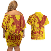 Samoa Pago Pago Aeto Couples Matching Off Shoulder Short Dress and Hawaiian Shirt Wingstyle Red-Gold Color - Polynesian Pride