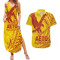 Samoa Pago Pago Aeto Couples Matching Summer Maxi Dress and Hawaiian Shirt Wingstyle Red-Gold Color - Polynesian Pride