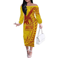 Samoa Pago Pago Aeto Family Matching Off The Shoulder Long Sleeve Dress and Hawaiian Shirt Wingstyle Red-Gold Color - Polynesian Pride