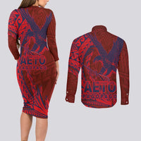 Samoa Pago Pago Aeto Couples Matching Long Sleeve Bodycon Dress and Long Sleeve Button Shirt Wingstyle Red-Blue Color - Polynesian Pride