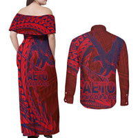 Samoa Pago Pago Aeto Couples Matching Off Shoulder Maxi Dress and Long Sleeve Button Shirt Wingstyle Red-Blue Color - Polynesian Pride