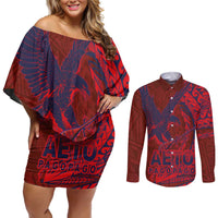 Samoa Pago Pago Aeto Couples Matching Off Shoulder Short Dress and Long Sleeve Button Shirt Wingstyle Red-Blue Color - Polynesian Pride