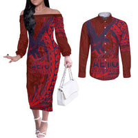 Samoa Pago Pago Aeto Couples Matching Off The Shoulder Long Sleeve Dress and Long Sleeve Button Shirt Wingstyle Red-Blue Color - Polynesian Pride