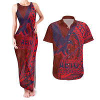 Samoa Pago Pago Aeto Couples Matching Tank Maxi Dress and Hawaiian Shirt Wingstyle Red-Blue Color - Polynesian Pride