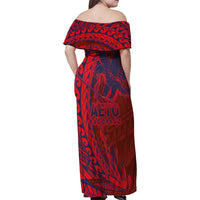 Samoa Pago Pago Aeto Family Matching Off Shoulder Maxi Dress and Hawaiian Shirt Wingstyle Red-Blue Color - Polynesian Pride