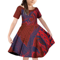 Samoa Pago Pago Aeto Family Matching Off Shoulder Short Dress and Hawaiian Shirt Wingstyle Red-Blue Color - Polynesian Pride