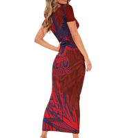 Samoa Pago Pago Aeto Family Matching Short Sleeve Bodycon Dress and Hawaiian Shirt Wingstyle Red-Blue Color - Polynesian Pride