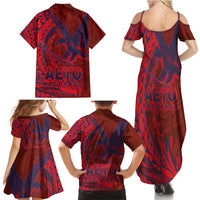 Samoa Pago Pago Aeto Family Matching Summer Maxi Dress and Hawaiian Shirt Wingstyle Red-Blue Color - Polynesian Pride