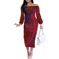 Samoa Pago Pago Aeto Off The Shoulder Long Sleeve Dress Wingstyle Red-Blue Color - Polynesian Pride