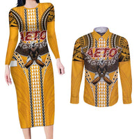 Samoa Pago Pago Aeto Couples Matching Long Sleeve Bodycon Dress and Long Sleeve Button Shirt Bald Eagle with Polynesian Art Tattoos - Polynesian Pride
