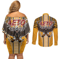 Samoa Pago Pago Aeto Couples Matching Off Shoulder Short Dress and Long Sleeve Button Shirt Bald Eagle with Polynesian Art Tattoos - Polynesian Pride