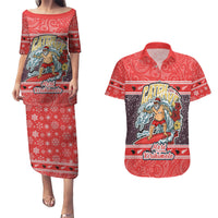 New Zealand Christmas Couples Matching Puletasi Dress and Hawaiian Shirt Santa Catch The Wave Maori Pattern Retro Style LT03 Red - Polynesian Pride