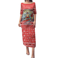 New Zealand Christmas Family Matching Puletasi Dress and Hawaiian Shirt Santa Catch The Wave Maori Pattern Retro Style LT03 Mom's Dress Red - Polynesian Pride