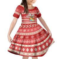 Tonga Christmas Family Matching Short Sleeve Bodycon Dress and Hawaiian Shirt The Santa Coat of Arms with Ngatu and Snow Pattern LT03 Daughter's Dress Red - Polynesian Pride