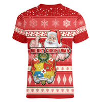 tonga-christmas-women-v-neck-t-shirt-the-santa-coat-of-arms-with-ngatu-and-snow-pattern