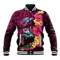 Hawaiian Plumeria and Hibiscus with Turtles Baseball Jacket Polynesian Art Red Color - Polynesian Pride