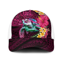 Hawaiian Plumeria and Hibiscus with Turtles Baseball Net Cap Polynesian Art Red Color - Polynesian Pride