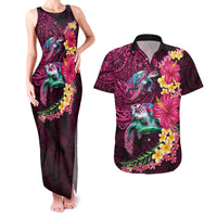Hawaiian Plumeria and Hibiscus with Turtles Couples Matching Tank Maxi Dress and Hawaiian Shirt Polynesian Art Red Color - Polynesian Pride