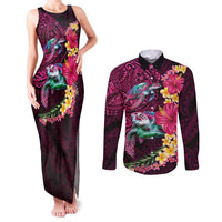 Hawaiian Plumeria and Hibiscus with Turtles Couples Matching Tank Maxi Dress and Long Sleeve Button Shirt Polynesian Art Red Color - Polynesian Pride