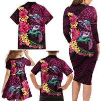 Hawaiian Plumeria and Hibiscus with Turtles Family Matching Long Sleeve Bodycon Dress and Hawaiian Shirt Polynesian Art Red Color - Polynesian Pride