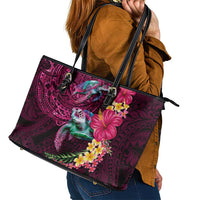 Hawaiian Plumeria and Hibiscus with Turtles Leather Tote Bag Polynesian Art Red Color - Polynesian Pride