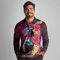 Hawaiian Plumeria and Hibiscus with Turtles Long Sleeve Polo Shirt Polynesian Art Red Color - Polynesian Pride