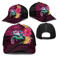 Hawaiian Plumeria and Hibiscus with Turtles Mesh Trucker Cap Polynesian Art Red Color - Polynesian Pride