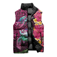 Hawaiian Plumeria and Hibiscus with Turtles Sleeveless Puffer Jacket Polynesian Art Red Color - Polynesian Pride