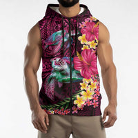 Hawaiian Plumeria and Hibiscus with Turtles Sleeveless Zip Hoodie Polynesian Art Red Color - Polynesian Pride