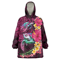 Hawaiian Plumeria and Hibiscus with Turtles Wearable Blanket Hoodie Polynesian Art Red Color - Polynesian Pride