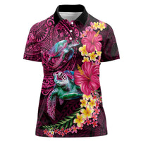 Hawaiian Plumeria and Hibiscus with Turtles Women Polo Shirt Polynesian Art Red Color - Polynesian Pride