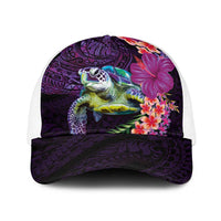 Hawaiian Plumeria and Hibiscus with Turtles Baseball Net Cap Polynesian Art Purple Color - Polynesian Pride