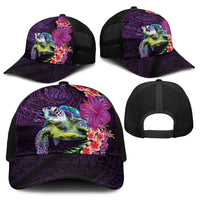 Hawaiian Plumeria and Hibiscus with Turtles Baseball Net Cap Polynesian Art Purple Color - Polynesian Pride