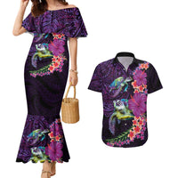 Hawaiian Plumeria and Hibiscus with Turtles Couples Matching Mermaid Dress and Hawaiian Shirt Polynesian Art Purple Color - Polynesian Pride