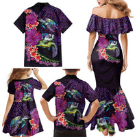 Hawaiian Plumeria and Hibiscus with Turtles Family Matching Mermaid Dress and Hawaiian Shirt Polynesian Art Purple Color - Polynesian Pride