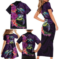 Hawaiian Plumeria and Hibiscus with Turtles Family Matching Short Sleeve Bodycon Dress and Hawaiian Shirt Polynesian Art Purple Color - Polynesian Pride