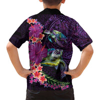 Hawaiian Plumeria and Hibiscus with Turtles Family Matching Tank Maxi Dress and Hawaiian Shirt Polynesian Art Purple Color - Polynesian Pride