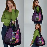 Hawaiian Plumeria and Hibiscus with Turtles Grocery Bag Polynesian Art Purple Color - Polynesian Pride