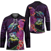 Hawaiian Plumeria and Hibiscus with Turtles Hockey Jersey Polynesian Art Purple Color - Polynesian Pride