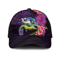 Hawaiian Plumeria and Hibiscus with Turtles Mesh Trucker Cap Polynesian Art Purple Color - Polynesian Pride