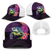 Hawaiian Plumeria and Hibiscus with Turtles Mesh Trucker Cap Polynesian Art Purple Color - Polynesian Pride
