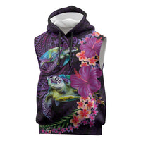 Hawaiian Plumeria and Hibiscus with Turtles Sleeveless Hoodie Polynesian Art Purple Color - Polynesian Pride